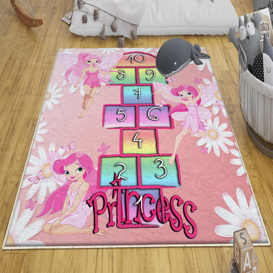 Pink Hopscotch Fairy Girls Kids Room Rug, Cute Fairy Playroom Rug Gift For Kid, Girl Kids Room Gift, Kids Room Decor with pillow case gift