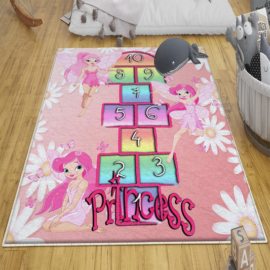 Pink Hopscotch Fairy Girls Kids Room Rug, Cute Fairy Playroom Rug Gift For Kid, Girl Kids Room Gift, Kids Room Decor with pillow case gift