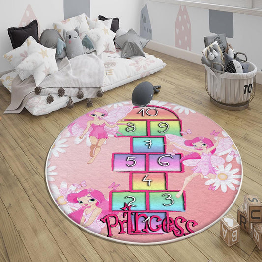 Round Pink Hopscotch Fairy Girls Kids Room Rug, Cute Play Rug Gift For Kid, Girl Kids Room Gift, Kids Room Decor with pillow case gift
