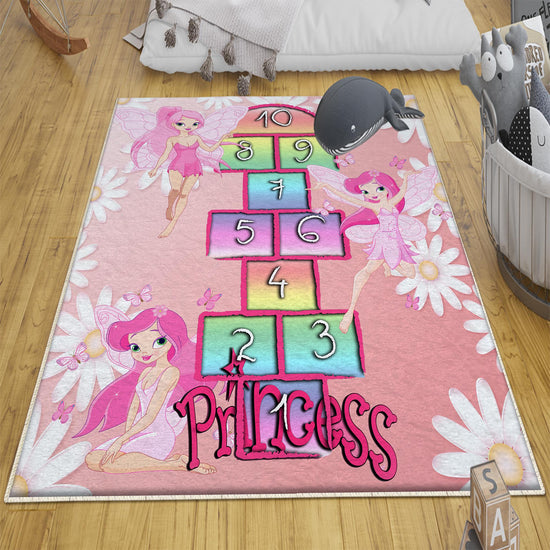 Round Pink Hopscotch Fairy Girls Kids Room Rug, Cute Play Rug Gift For Kid, Girl Kids Room Gift, Kids Room Decor with pillow case gift