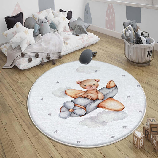 Round Bear Pilot Planet Kids Nursery Room Rug, Cute Playground Rug Gift For Kid, Kids Room Gift, Baby Kids Room Decor with pillow case gift