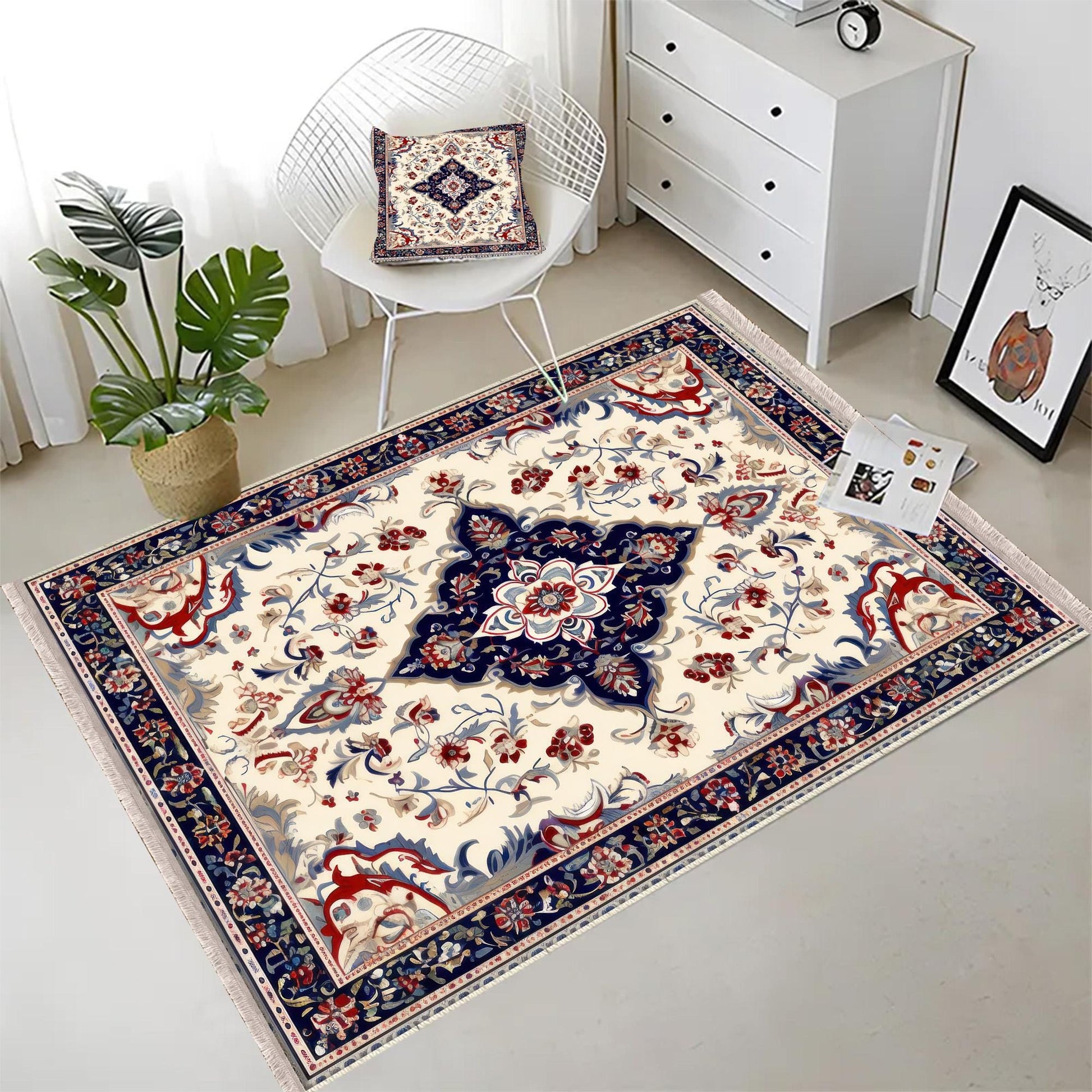 Persian Vintage Style Rug Navy Blue Red Carpet, Soft Textured Kitchen Runner, Bohemian Area Rugs for Living Room & Bedroom