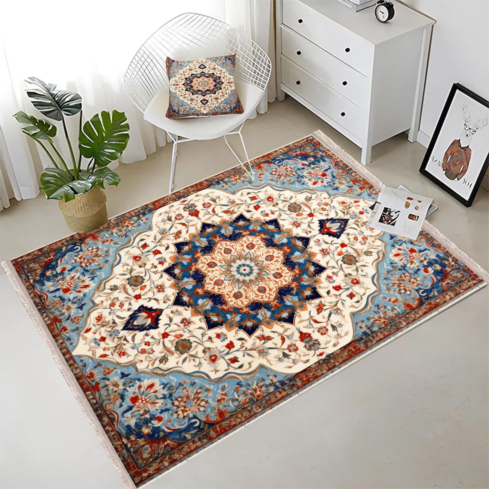 Persian Vintage Style Rug, Blue Red Turkish Ottoman Carpet, Soft Textured Kitchen Runner, Bohemian Area Rugs for Living Room & Bedroom