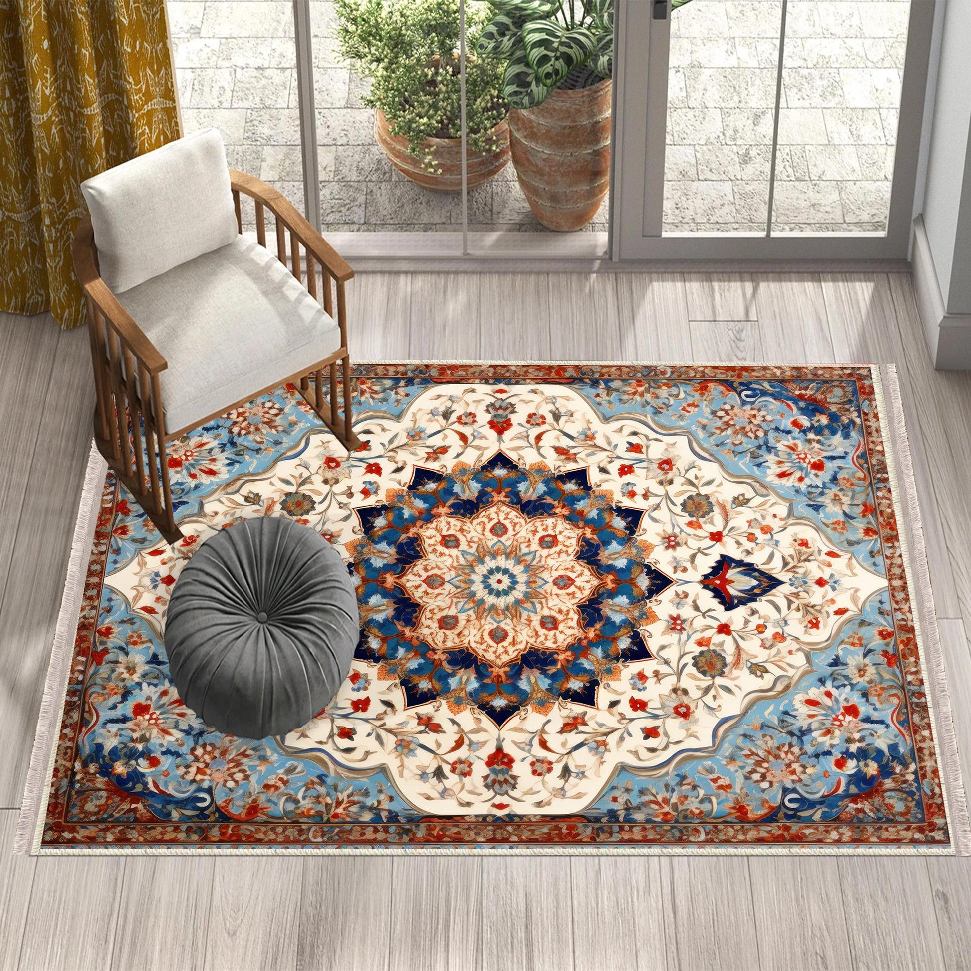 Persian Vintage Style Rug, Blue Red Turkish Ottoman Carpet, Soft Textured Kitchen Runner, Bohemian Area Rugs for Living Room & Bedroom