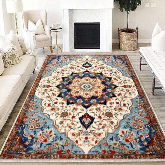 Persian Vintage Style Rug, Blue Red Turkish Ottoman Carpet, Soft Textured Kitchen Runner, Bohemian Area Rugs for Living Room & Bedroom