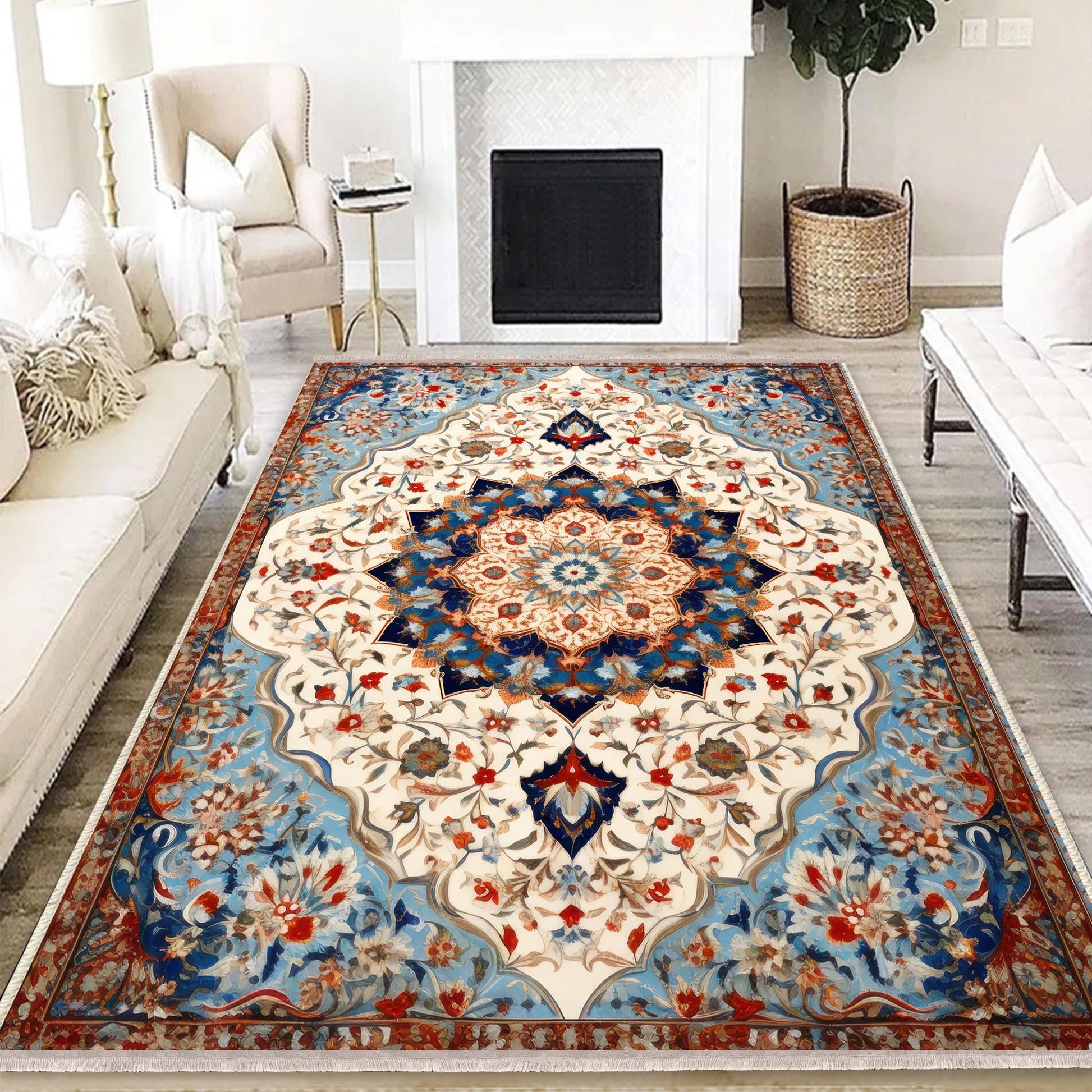 Persian Vintage Style Rug, Blue Red Turkish Ottoman Carpet, Soft Textured Kitchen Runner, Bohemian Area Rugs for Living Room & Bedroom