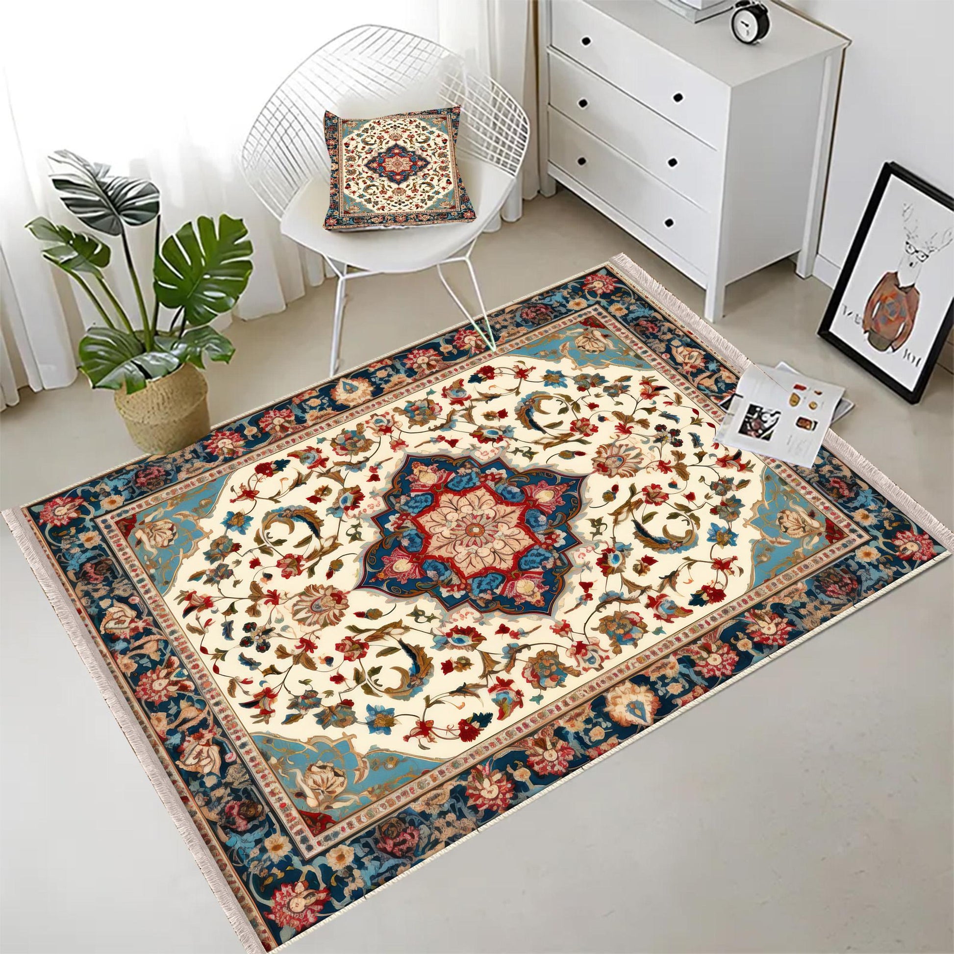 Persian Vintage Style Rug, Blue Red Turkish Floral Carpet, Soft Textured Kitchen Runner, Bohemian Area Rugs for Living Room & Bedroom
