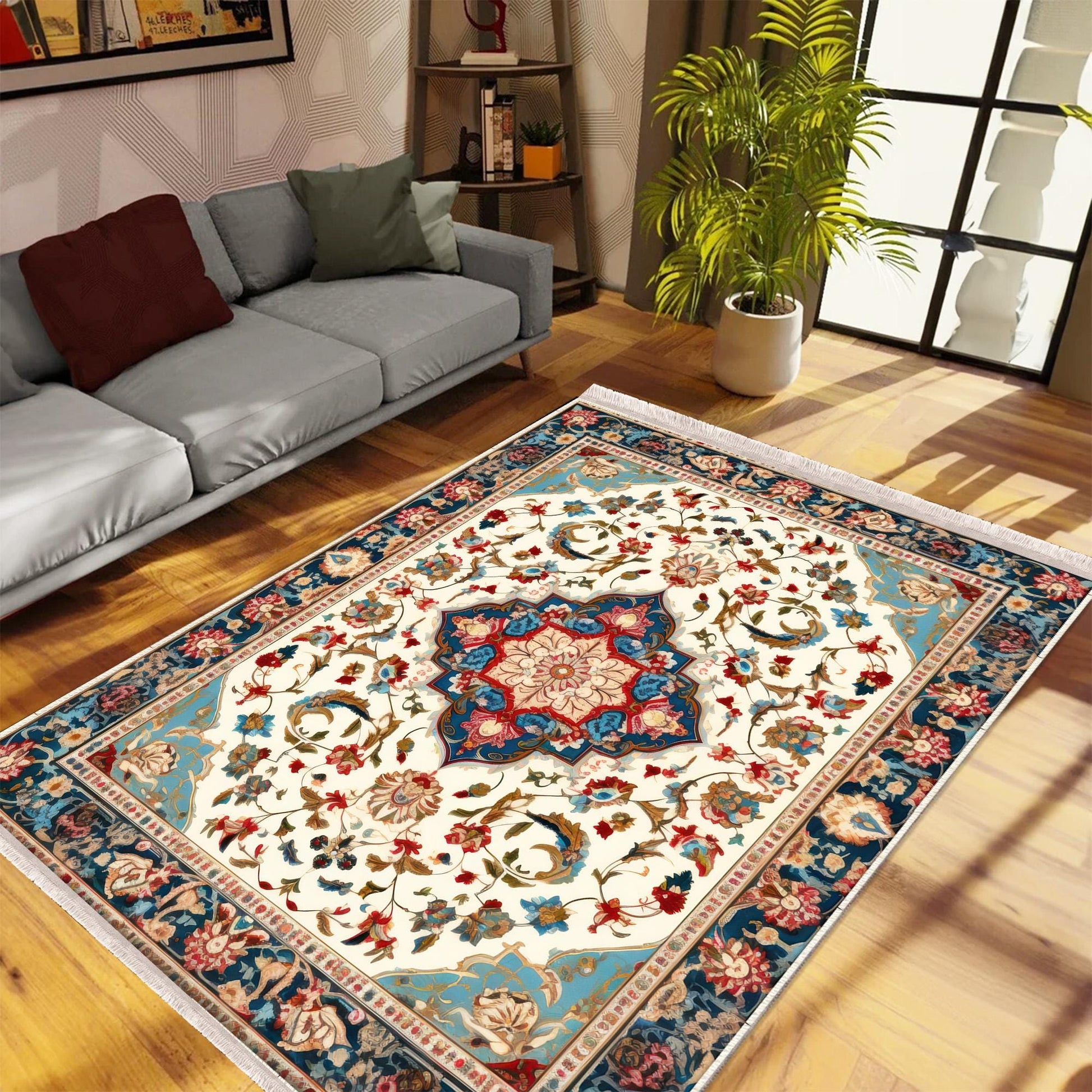 Persian Vintage Style Rug, Blue Red Turkish Floral Carpet, Soft Textured Kitchen Runner, Bohemian Area Rugs for Living Room & Bedroom