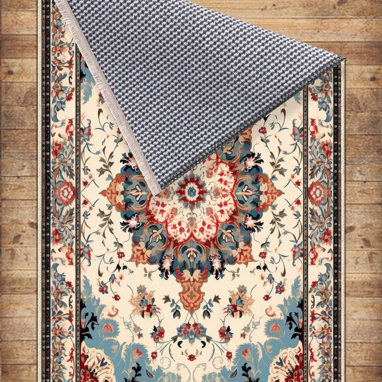 Persian Vintage Style Rug, Blue Red Brown Turkish Floral Carpet, Soft Textured Kitchen Runner, Bohemian Area Rugs for Living Room & Bedroom