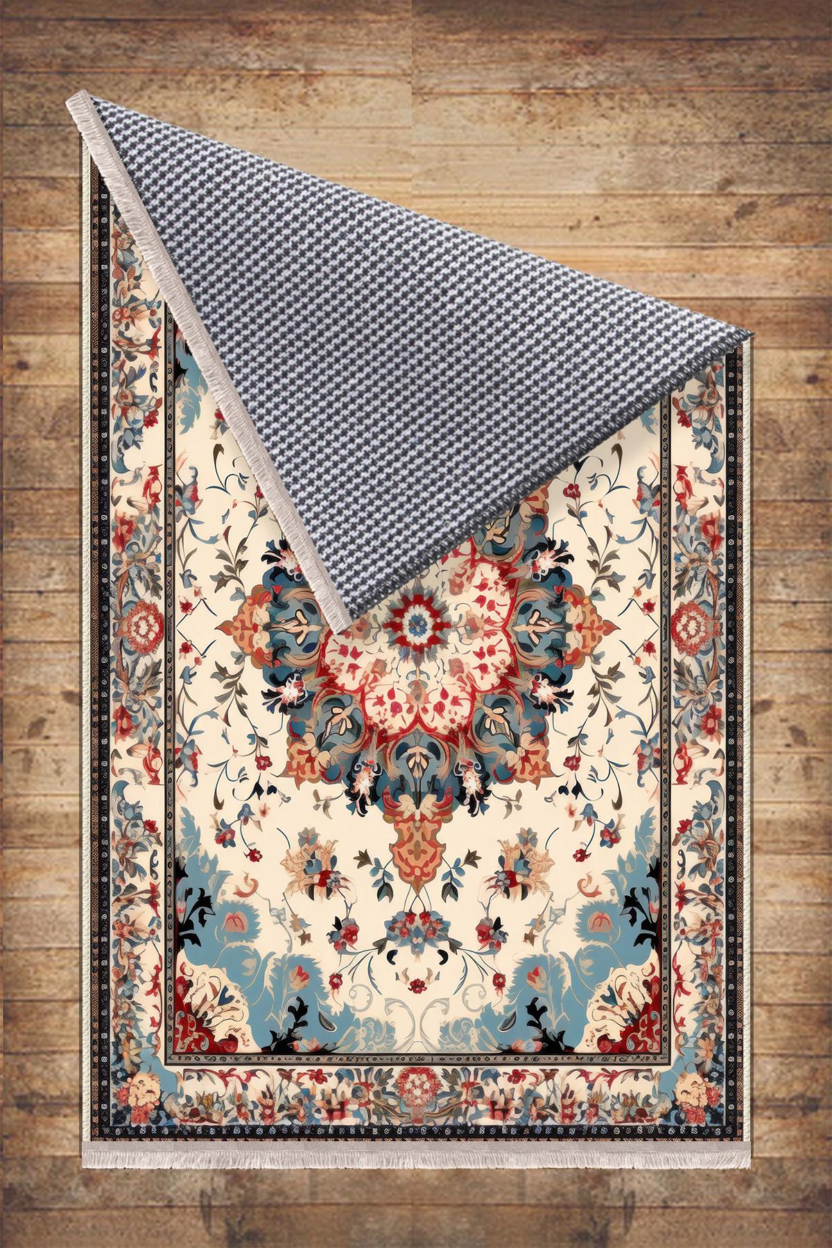 Persian Vintage Style Rug, Blue Red Brown Turkish Floral Carpet, Soft Textured Kitchen Runner, Bohemian Area Rugs for Living Room & Bedroom