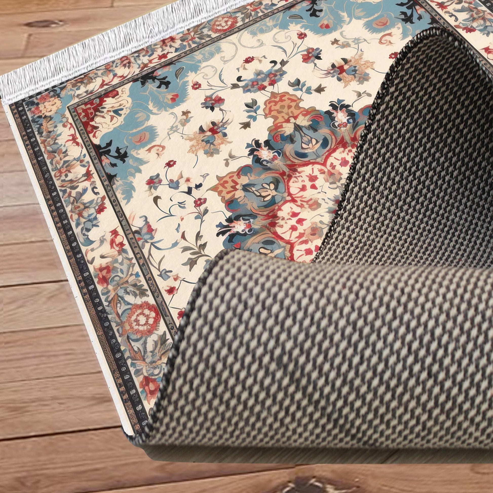 Persian Vintage Style Rug, Blue Red Brown Turkish Floral Carpet, Soft Textured Kitchen Runner, Bohemian Area Rugs for Living Room & Bedroom