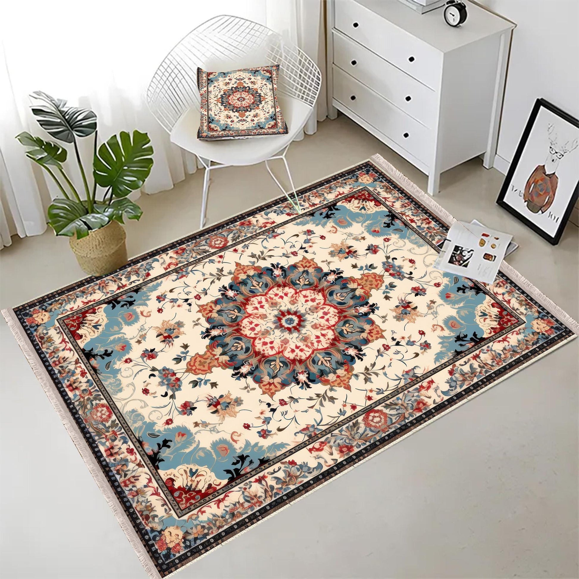 Persian Vintage Style Rug, Blue Red Brown Turkish Floral Carpet, Soft Textured Kitchen Runner, Bohemian Area Rugs for Living Room & Bedroom