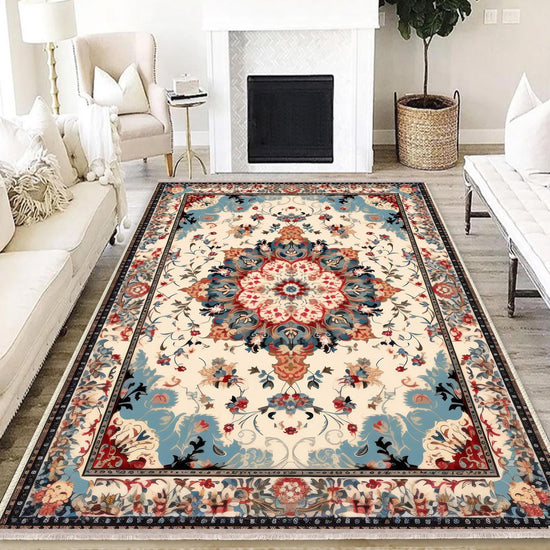 Persian Vintage Style Rug, Blue Red Brown Turkish Floral Carpet, Soft Textured Kitchen Runner, Bohemian Area Rugs for Living Room & Bedroom