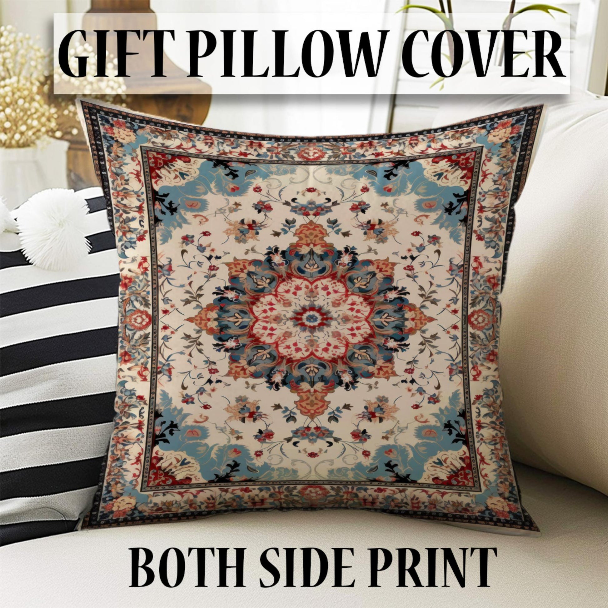 Persian Vintage Style Rug, Blue Red Brown Turkish Floral Carpet, Soft Textured Kitchen Runner, Bohemian Area Rugs for Living Room & Bedroom
