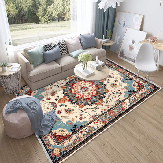 Persian Vintage Style Rug, Blue Red Brown Turkish Floral Carpet, Soft Textured Kitchen Runner, Bohemian Area Rugs for Living Room & Bedroom