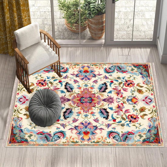 Persian Vintage Style Rug, Colorful Flower Turkish Floral Carpet, Soft Textured Kitchen Runner, Bohemian Area Rugs for Living Room & Bedroom