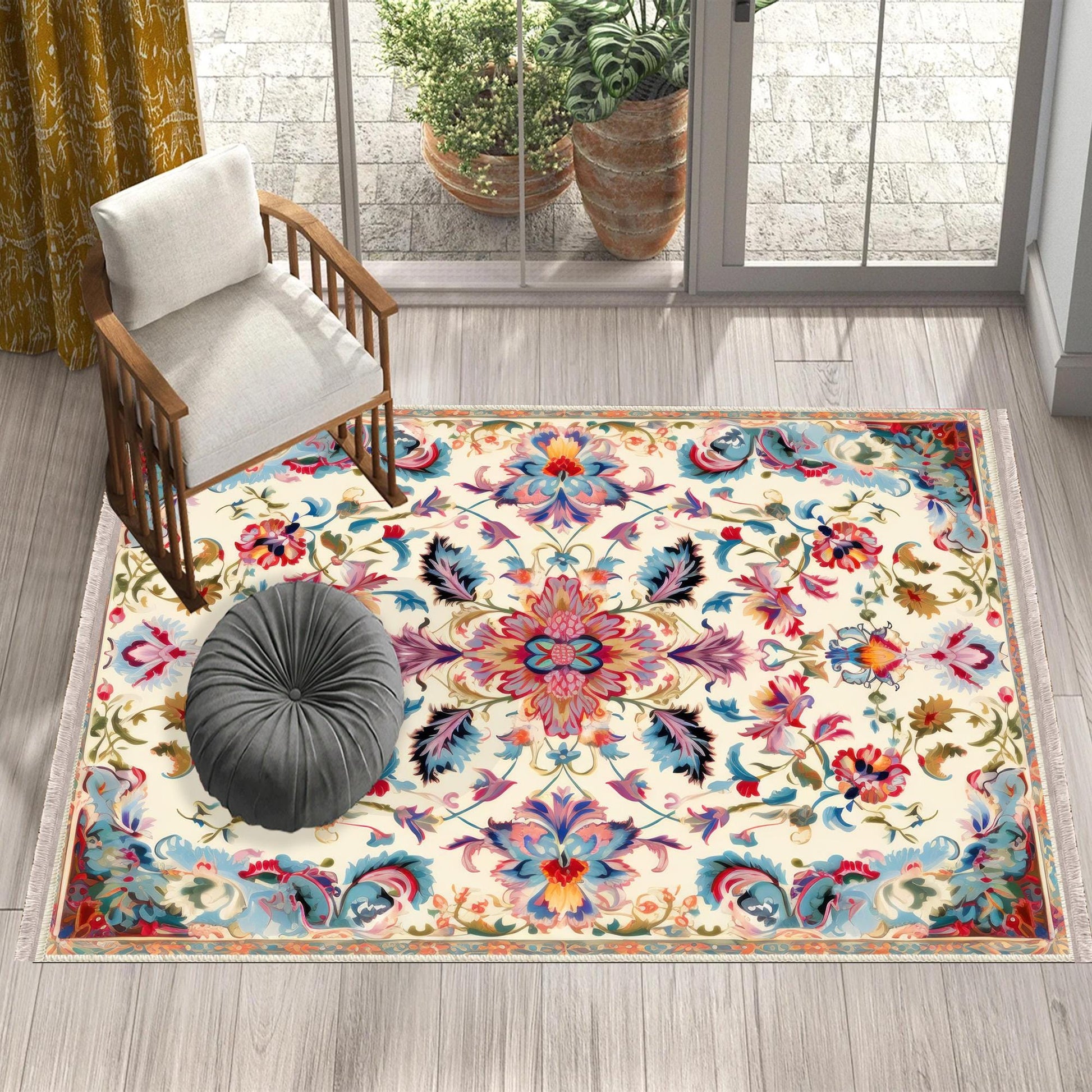 Persian Vintage Style Rug, Colorful Flower Turkish Floral Carpet, Soft Textured Kitchen Runner, Bohemian Area Rugs for Living Room & Bedroom