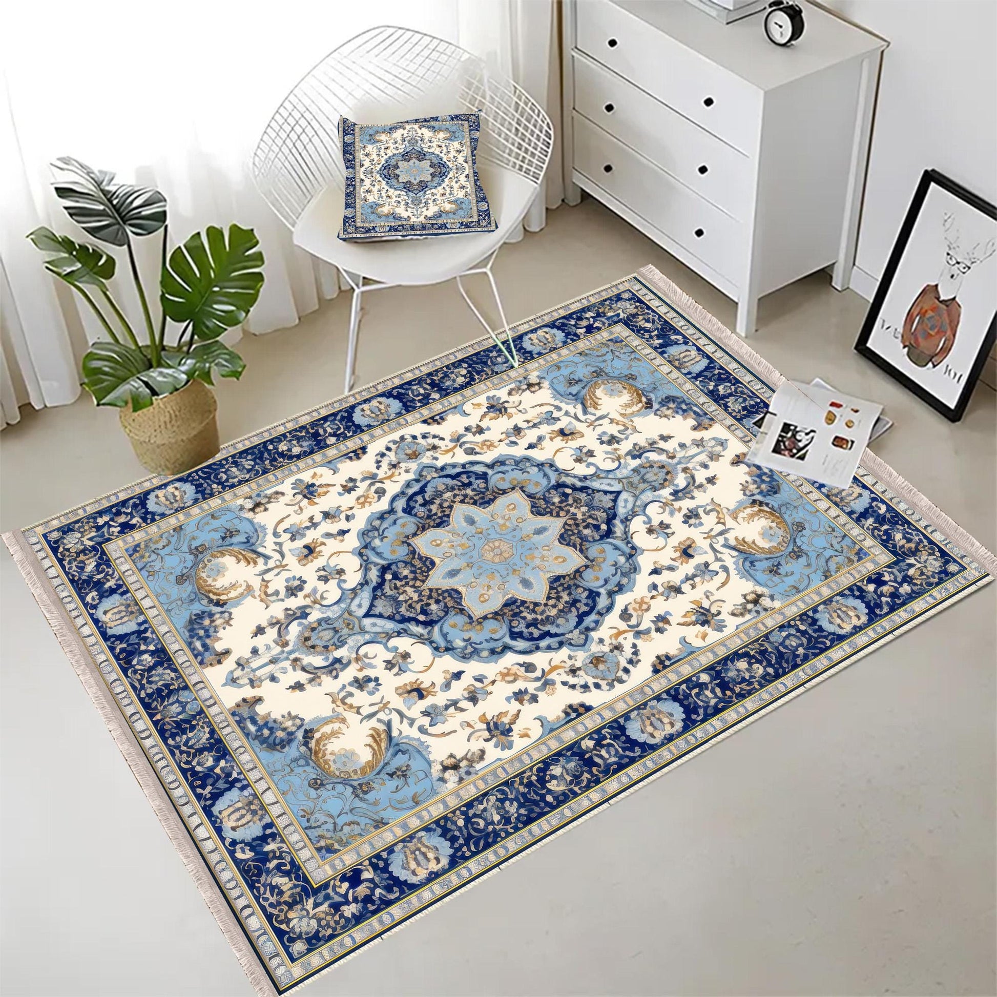 Persian Vintage Style Rug, Dark Blue Retro Turkish Floral Carpet, Soft Textured Kitchen Runner, Bohemian Area Rugs for Living Room & Bedroom