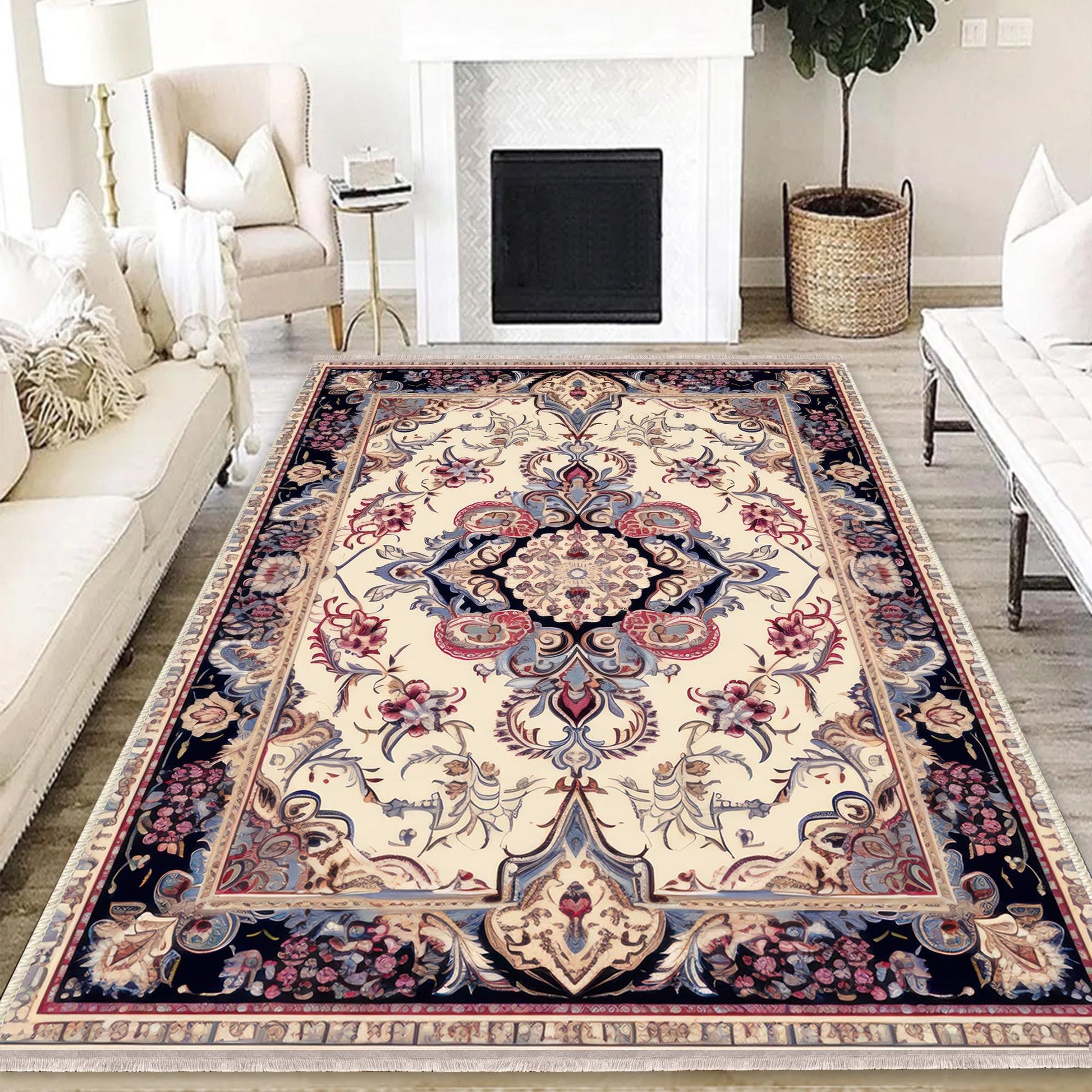 Persian Vintage Style Rug, Red Gray Retro Turkish Floral Carpet, Soft Textured Kitchen Runner, Bohemian Area Rugs for Living Room & Bedroom