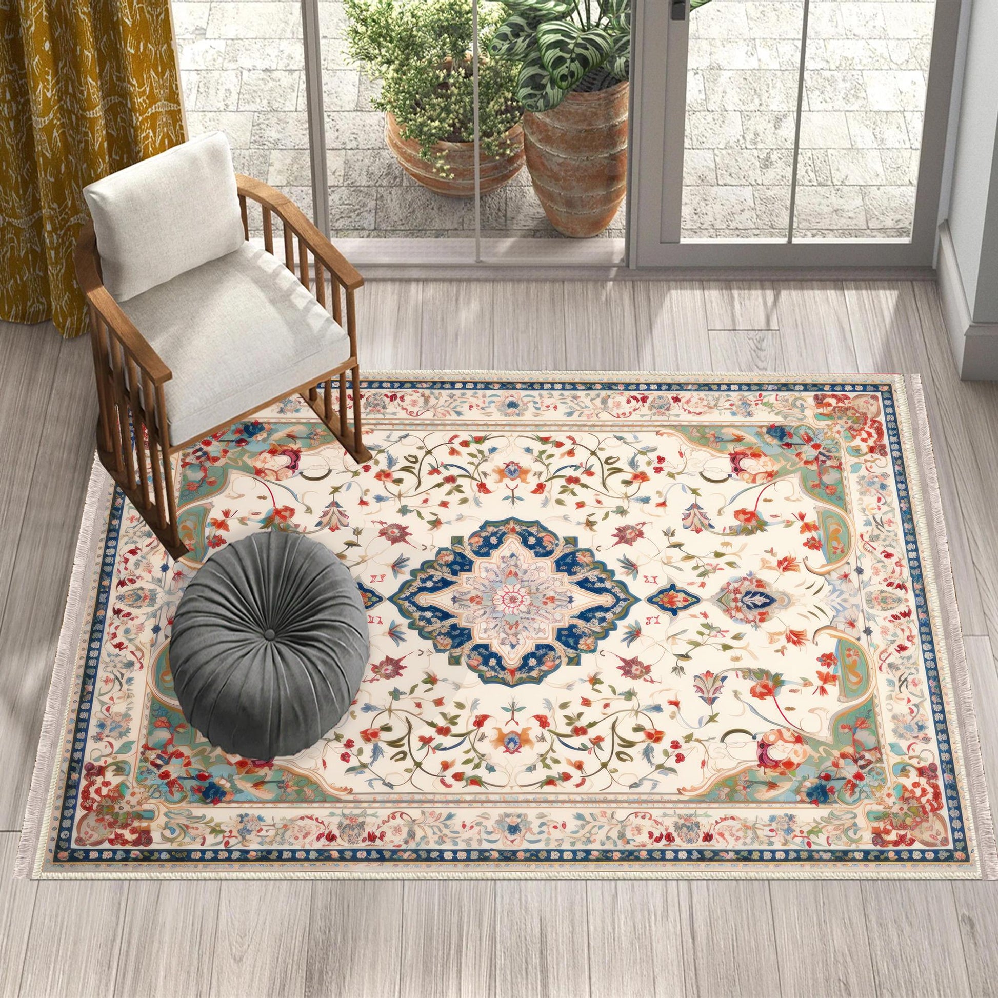 Persian Vintage Style Rug, Cream Red Green Turkish Floral Carpet, Soft Textured Kitchen Runner, Bohemian Area Rugs for Living Room & Bedroom