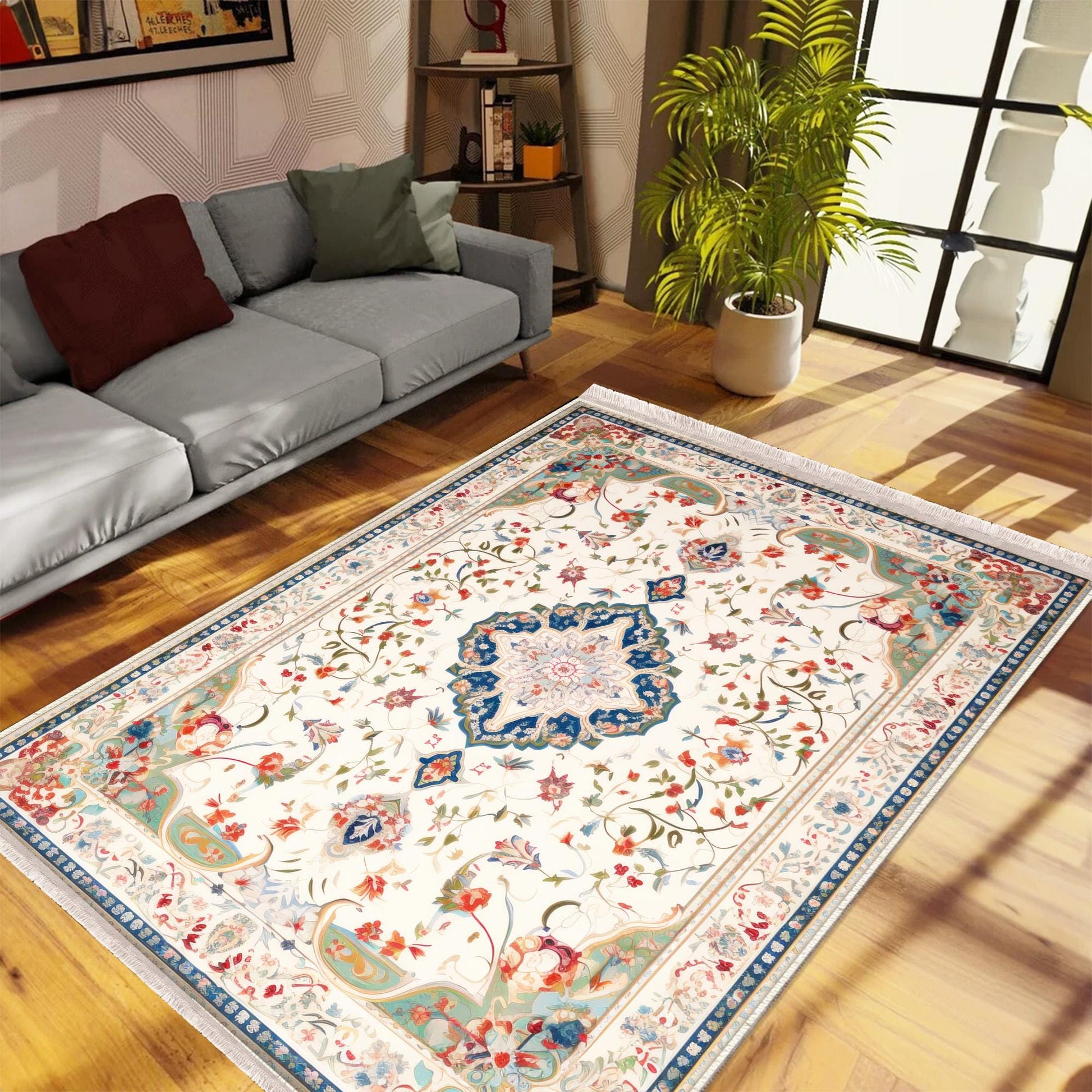 Persian Vintage Style Rug, Cream Red Green Turkish Floral Carpet, Soft Textured Kitchen Runner, Bohemian Area Rugs for Living Room & Bedroom