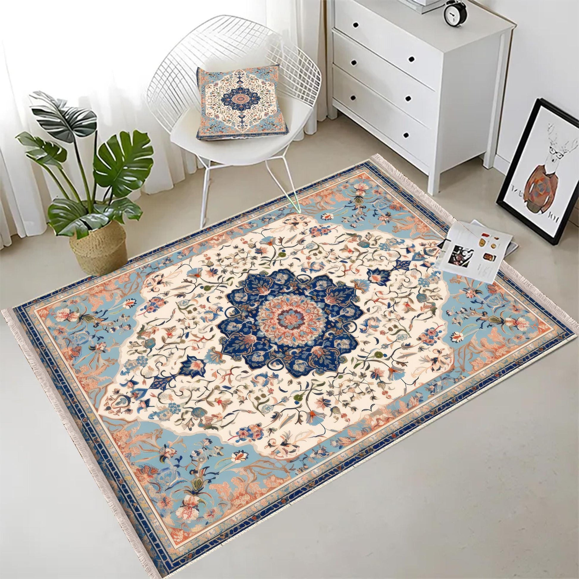 Persian Vintage Style Rug, Blue Cream Brown Turkish Floral Carpet, Soft Textured Kitchen Runner, Bohemian Area Rugs for Living Room Bedroom