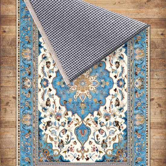 Persian Vintage Style Rug, Blue Ethnic Turkish Floral Carpet, Soft Textured Kitchen Runner, Bohemian Area Rugs for Living Room Bedroom