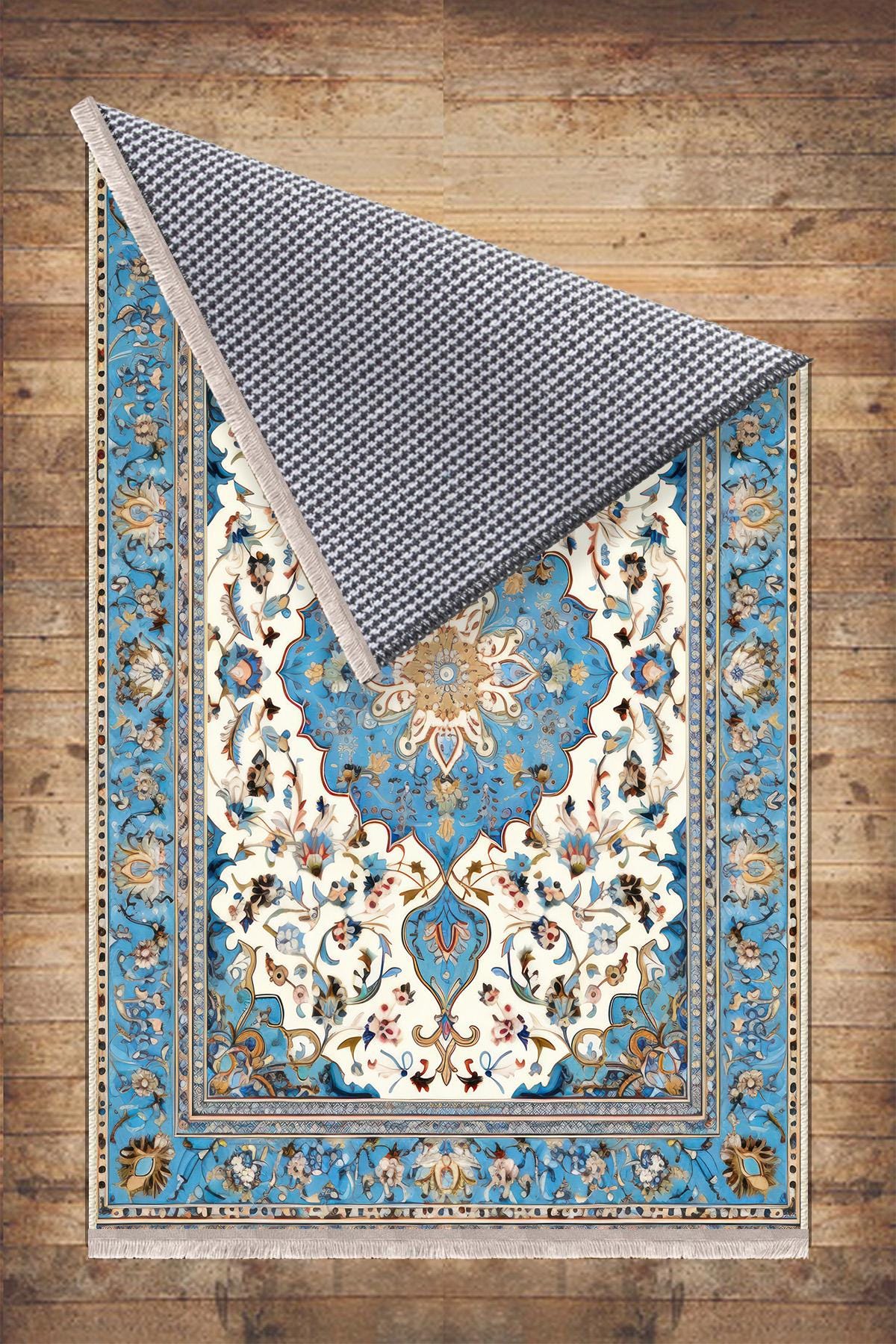 Persian Vintage Style Rug, Blue Ethnic Turkish Floral Carpet, Soft Textured Kitchen Runner, Bohemian Area Rugs for Living Room Bedroom