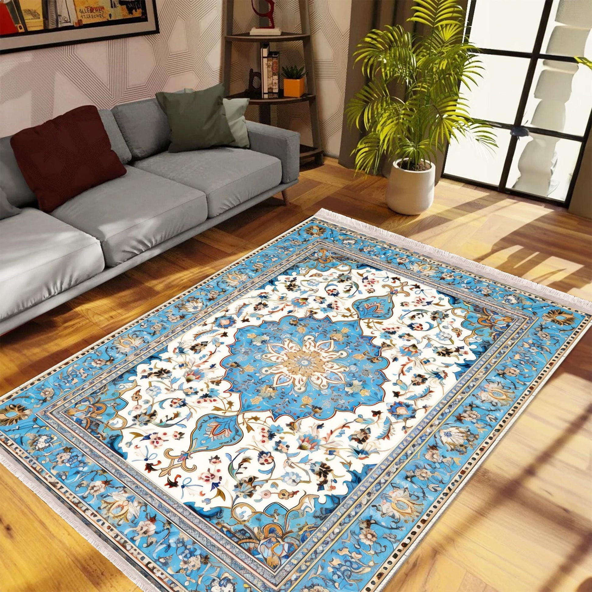 Persian Vintage Style Rug, Blue Ethnic Turkish Floral Carpet, Soft Textured Kitchen Runner, Bohemian Area Rugs for Living Room Bedroom