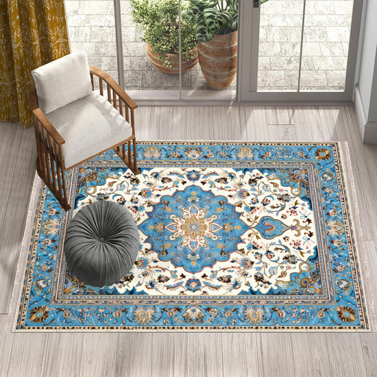 Persian Vintage Style Rug, Blue Ethnic Turkish Floral Carpet, Soft Textured Kitchen Runner, Bohemian Area Rugs for Living Room Bedroom