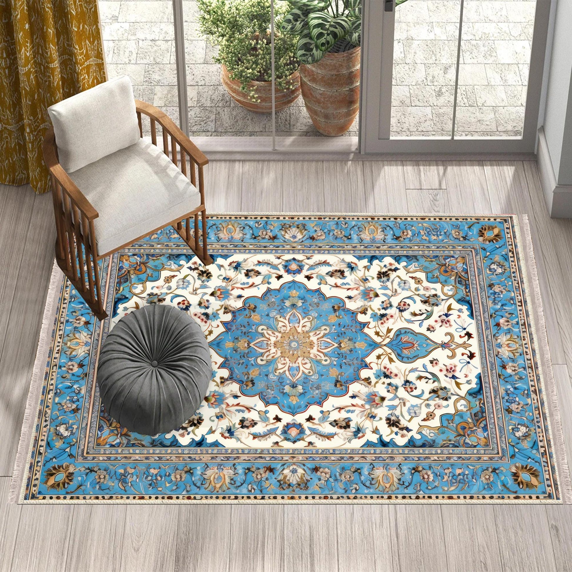 Persian Vintage Style Rug, Blue Ethnic Turkish Floral Carpet, Soft Textured Kitchen Runner, Bohemian Area Rugs for Living Room Bedroom