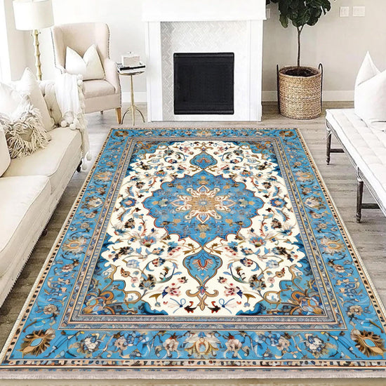Persian Vintage Style Rug, Blue Ethnic Turkish Floral Carpet, Soft Textured Kitchen Runner, Bohemian Area Rugs for Living Room Bedroom