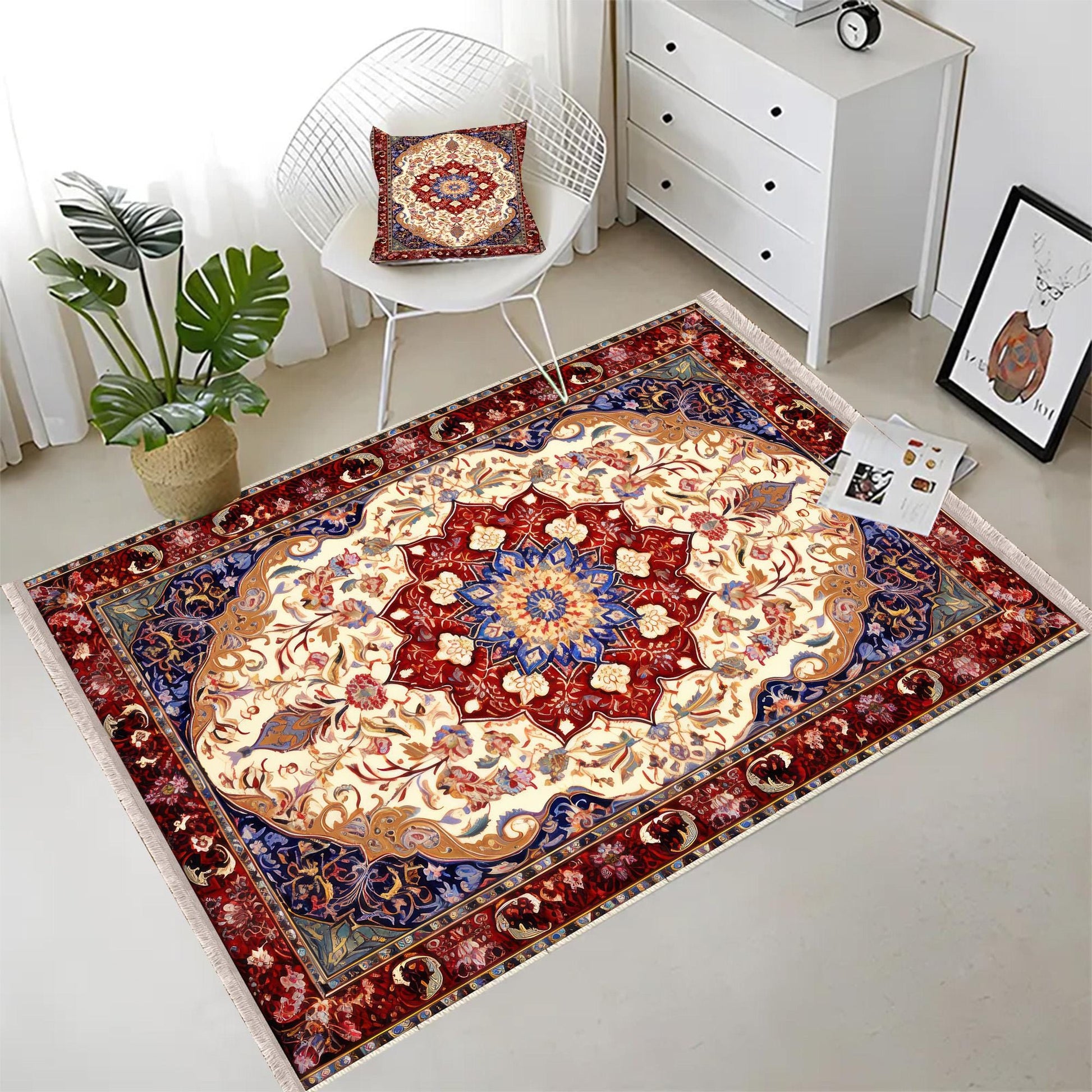 Persian Vintage Style Rug, Blue Red Burgundy Turkish Ottoman Carpet, Soft Textured Kitchen Runner Bohemian Area Rug for Living Room Bedroom