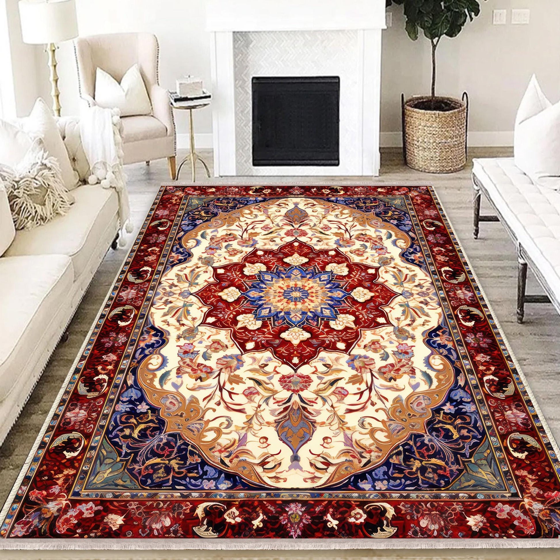 Persian Vintage Style Rug, Blue Red Burgundy Turkish Ottoman Carpet, Soft Textured Kitchen Runner Bohemian Area Rug for Living Room Bedroom