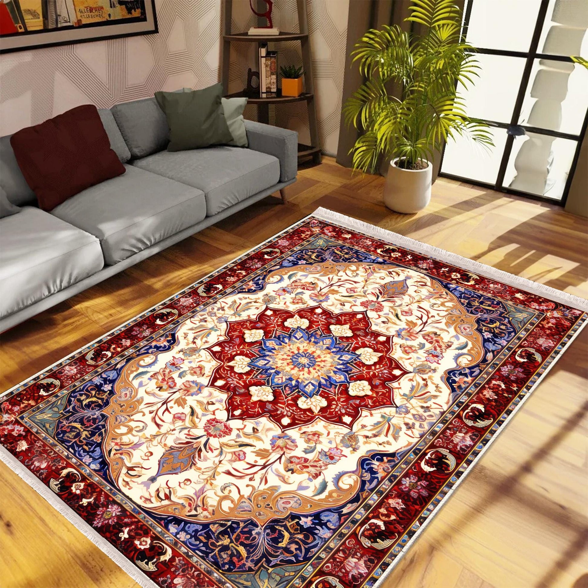 Persian Vintage Style Rug, Blue Red Burgundy Turkish Ottoman Carpet, Soft Textured Kitchen Runner Bohemian Area Rug for Living Room Bedroom
