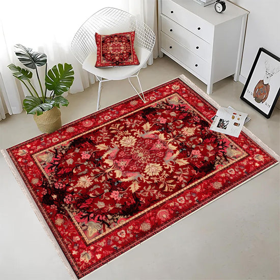 Persian Vintage Style Rug, Red Burgundy Turkish Ottoman Carpet, Soft Textured Kitchen Runner, Bohemian Area Rug for Living Room Bedroom