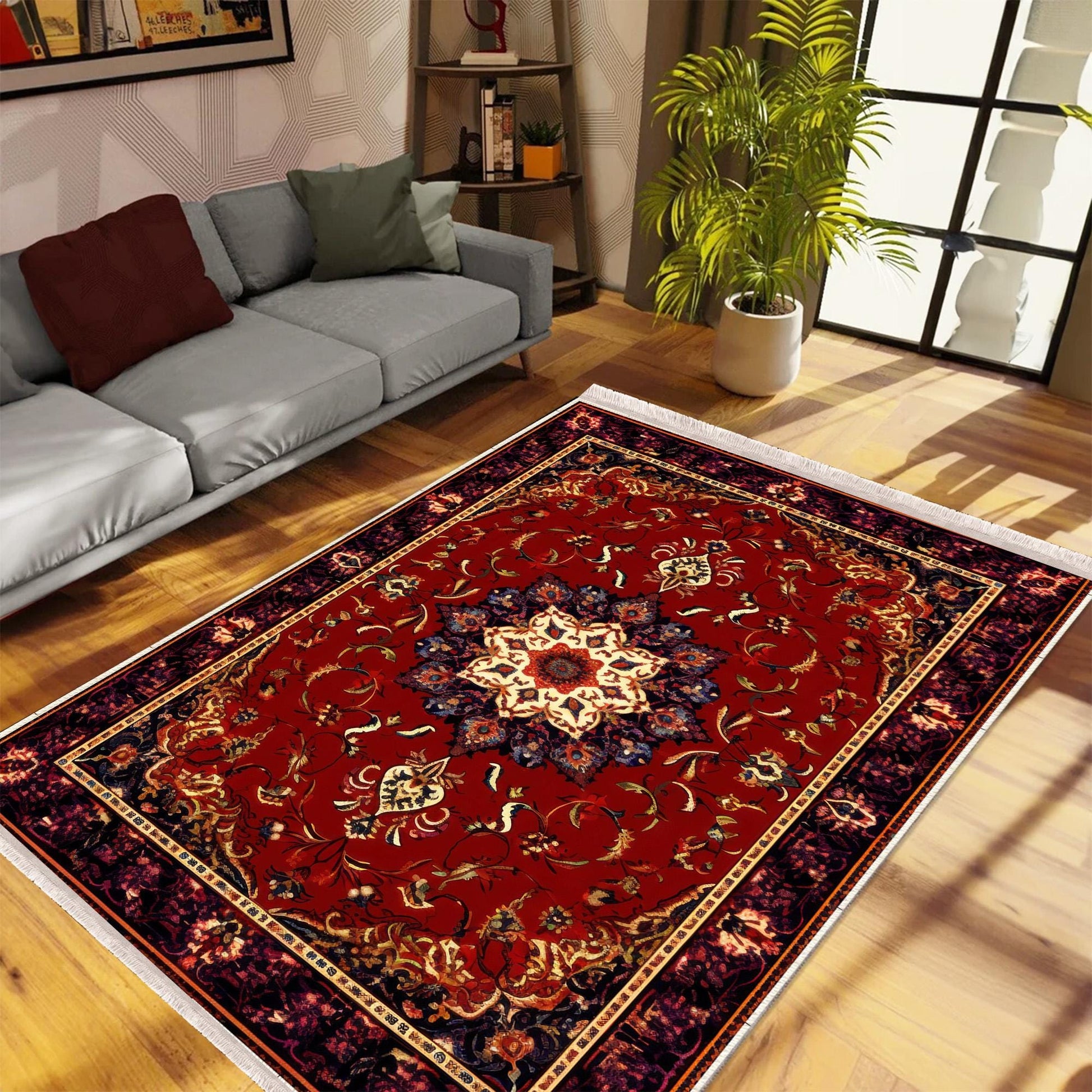Persian Vintage Style Rug, Red Burgundy Turkish Ottoman Carpet, Soft Textured Kitchen Runner, Bohemian Area Rug for Living Room Bedroom