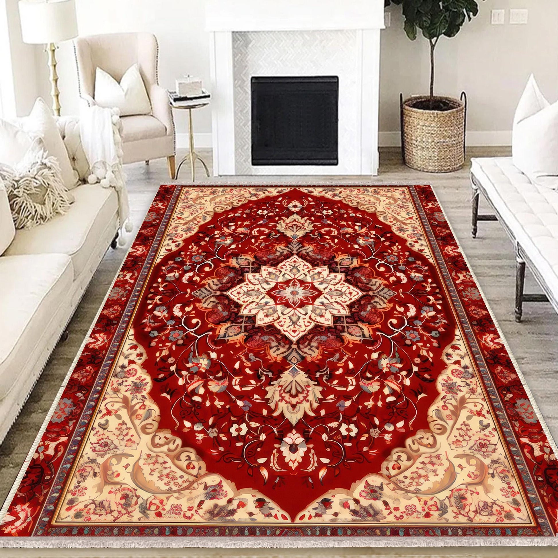 Persian Vintage Style Rug, Red Brown Turkish Ottoman Carpet, Soft Textured Kitchen Runner, Bohemian Area Rug for Living Room Bedroom