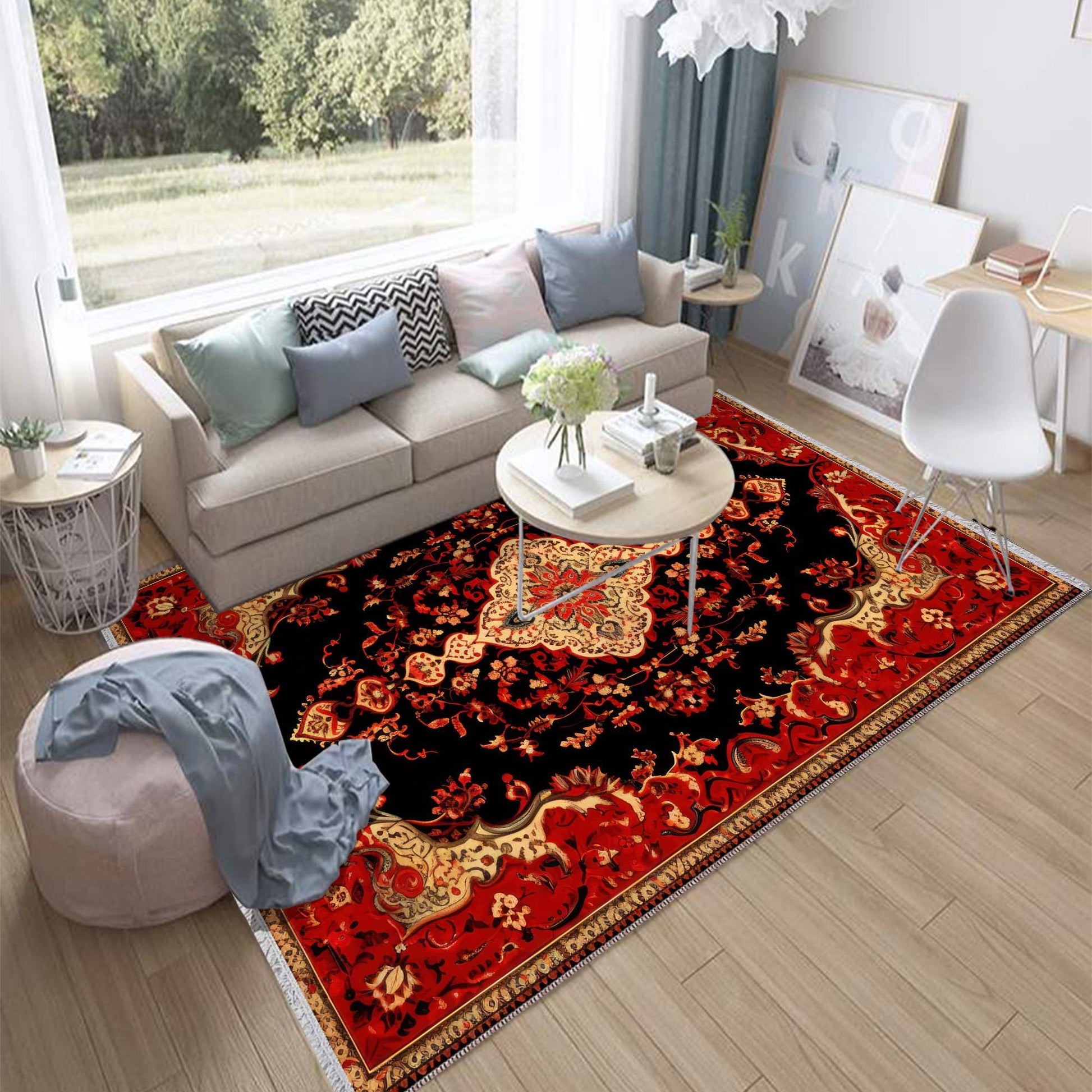 Persian Vintage Style Rug, Red Black Turkish Ottoman Carpet, Soft Textured Kitchen Runner, Bohemian Area Rug for Living Room Bedroom