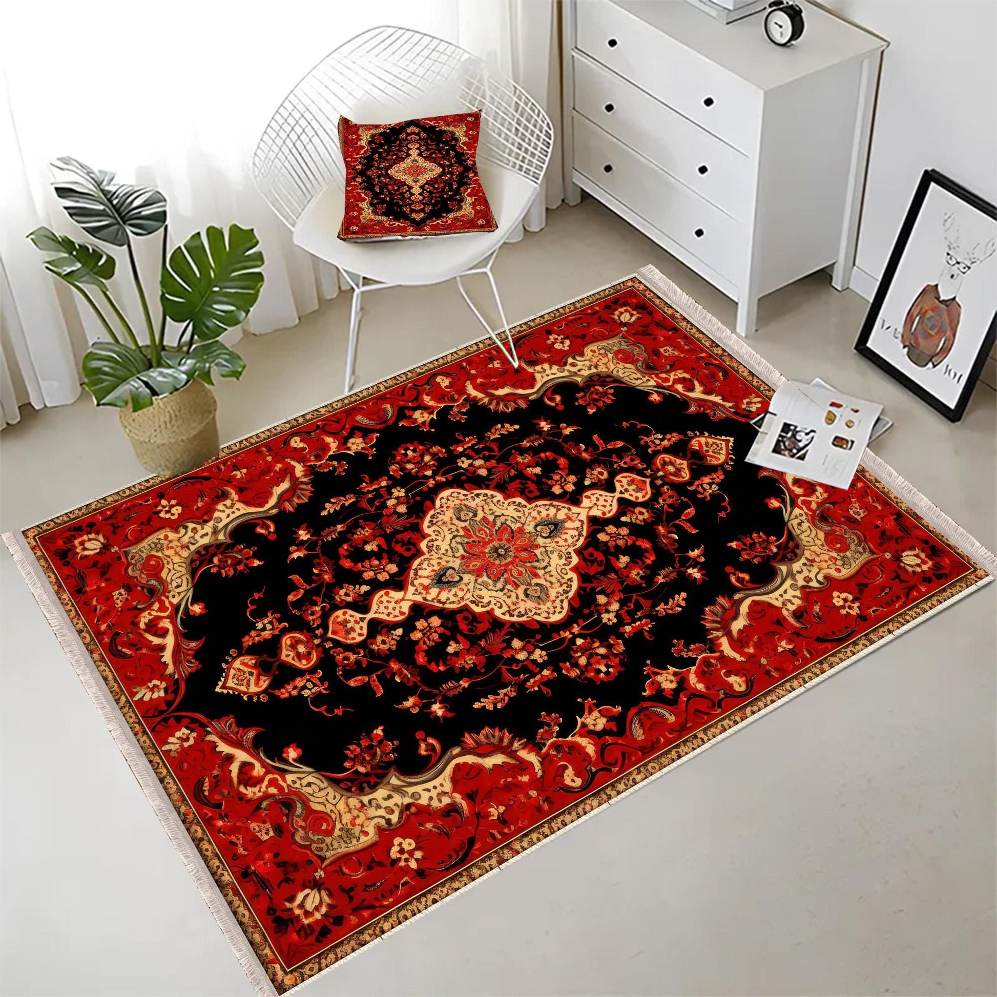 Persian Vintage Style Rug, Red Black Turkish Ottoman Carpet, Soft Textured Kitchen Runner, Bohemian Area Rug for Living Room Bedroom