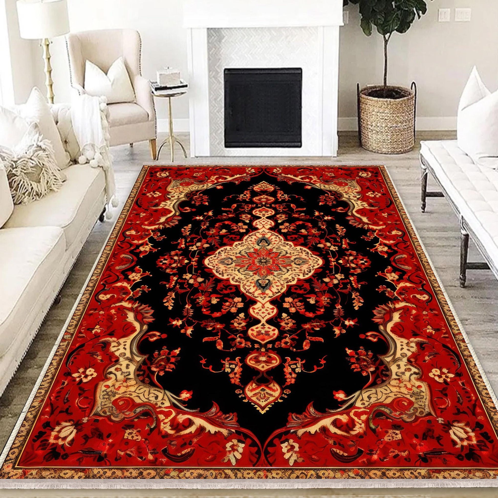 Persian Vintage Style Rug, Red Black Turkish Ottoman Carpet, Soft Textured Kitchen Runner, Bohemian Area Rug for Living Room Bedroom