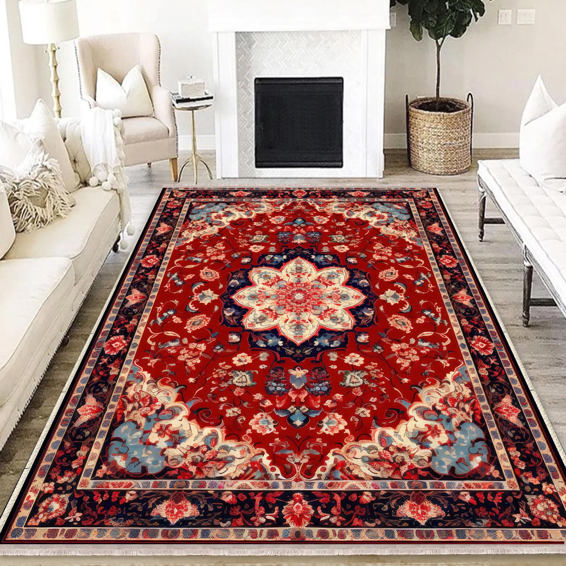 Persian Vintage Style Rug, Red Burgundy Turkish Ottoman Carpet, Soft Textured Kitchen Runner, Bohemian Area Rug for Living Room Bedroom