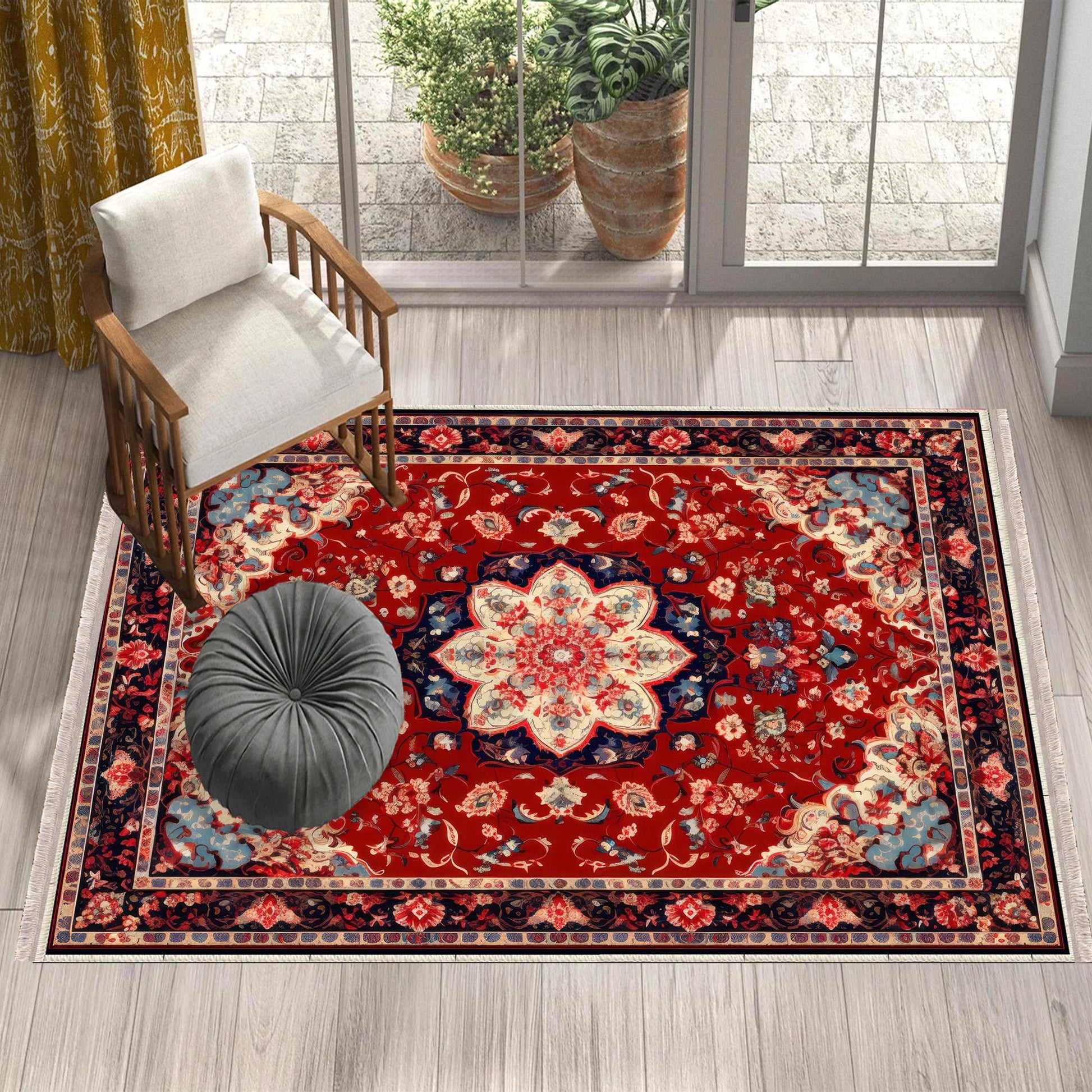 Persian Vintage Style Rug, Red Burgundy Turkish Ottoman Carpet, Soft Textured Kitchen Runner, Bohemian Area Rug for Living Room Bedroom