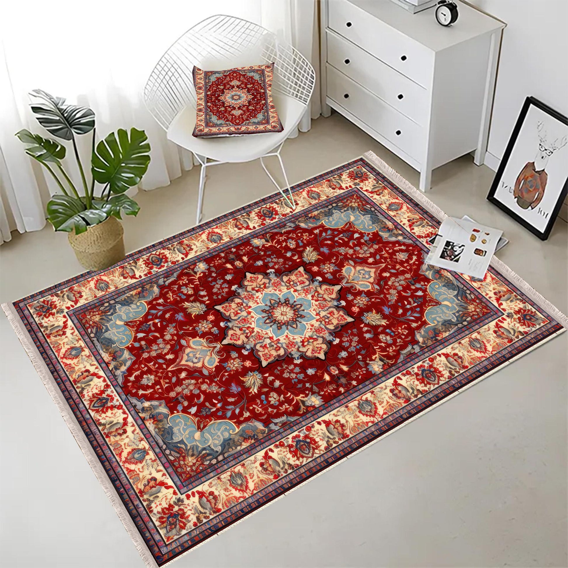 Persian Vintage Style Rug, Red Brown Green Turkish Ottoman Carpet, Soft Textured Kitchen Runner, Bohemian Area Rug for Living Room Bedroom