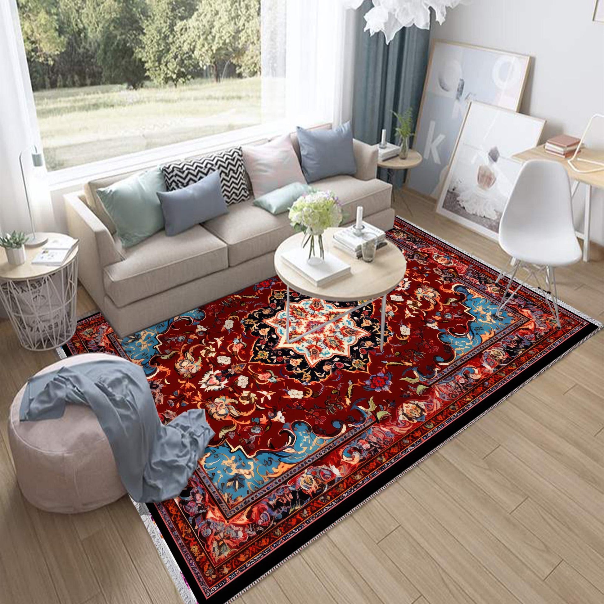 Persian Vintage Style Rug, Red Brown Green Turkish Ottoman Carpet, Soft Textured Kitchen Runner, Bohemian Area Rug for Living Room Bedroom