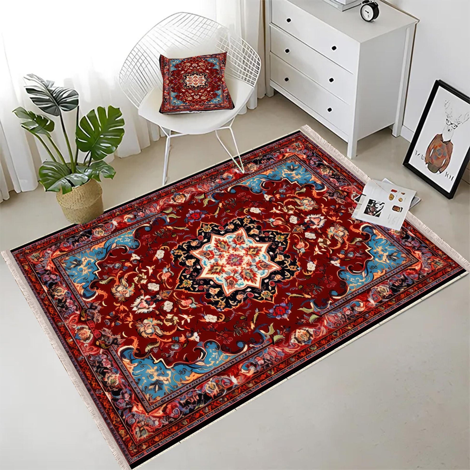 Persian Vintage Style Rug, Red Brown Green Turkish Ottoman Carpet, Soft Textured Kitchen Runner, Bohemian Area Rug for Living Room Bedroom