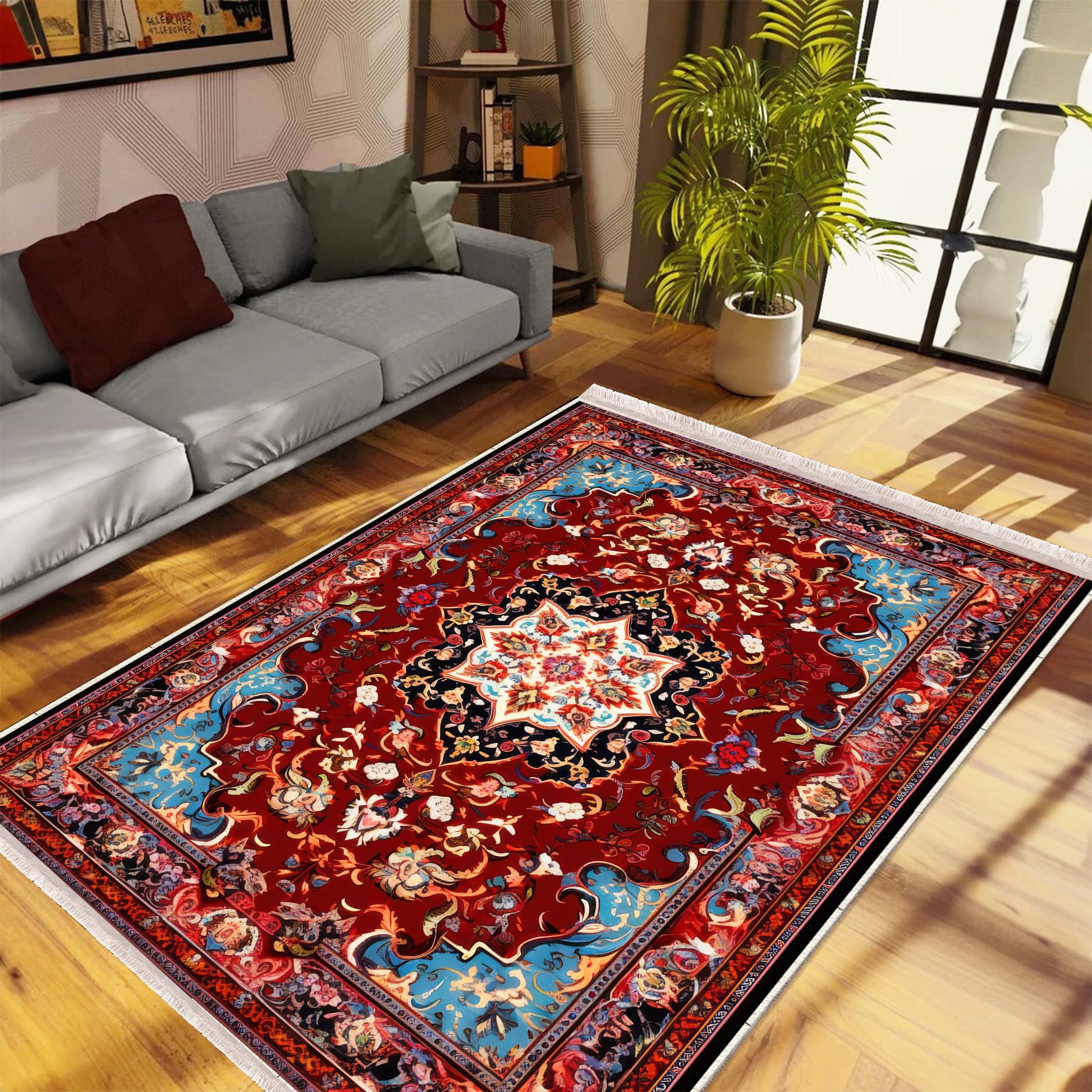 Persian Vintage Style Rug, Red Brown Green Turkish Ottoman Carpet, Soft Textured Kitchen Runner, Bohemian Area Rug for Living Room Bedroom
