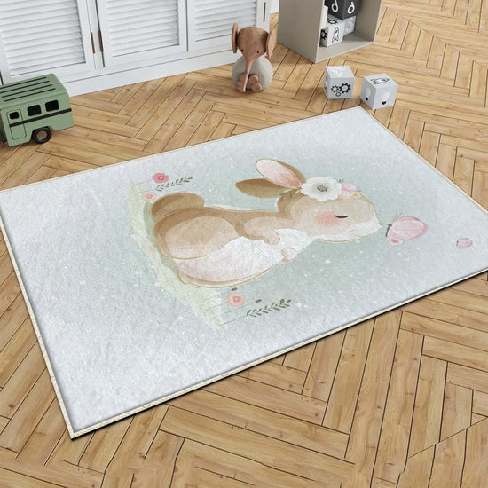 Round Rabbit Bunny Kids Nursery Room Rug, Cute Animal Rug Gift For Kid, Baby Shower Kids Room Gift, Kids Room Decor with pillow case gift