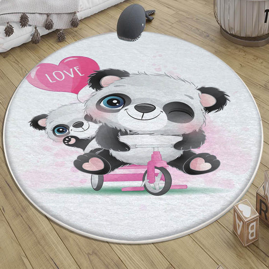 Cute Panda Pink Bicycle Kids Baby Nursery Room Rug, Cute Animal Rug Gift For Girl Kid, Kids Room Gift, Kids Room Decor with pillow case gift