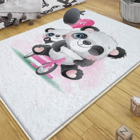 Panda Pink Bicycle Kids Nursery Rug with Pillow Case – Cute Animal Room Decor & Gift for Girls, Kids Room Accessories